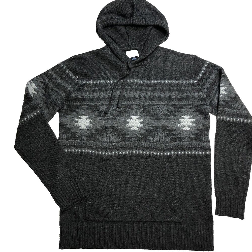 American Eagle Sweater Men’s L Grey Wool Blend Geo Hoodie Aztec Resort Preppy